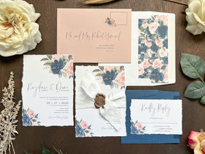 Blush Pink and Navy Blue Wedding Invitation with Deckled Edge, White Ribbon, Wax Seal and Greenery