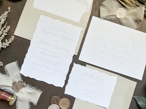 Classy Formal Elegant Wedding Invitation with Deckled Edging, Light Nude Chiffon Ribbon & Wax Seal