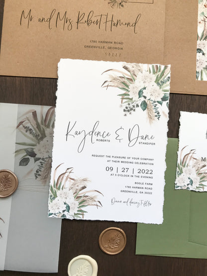 Boho Vellum Wedding Invitation with Wax Seal, Pampas Grass and Greenery