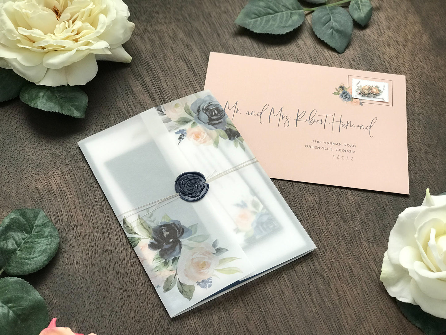 Blush Pink and Navy Blue Wedding Invitation with Vellum and Wax Seal