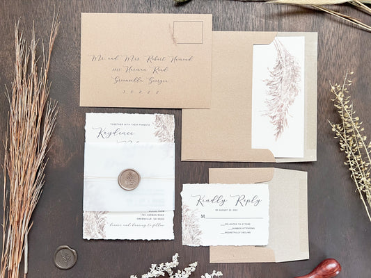 Pampas Grass Boho Wedding Invitation with Deckled Edging, Vellum Belly Band, Wax Seal and Thread