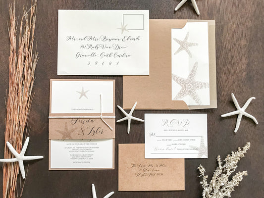 Rustic Beach Wedding Invitation with Personalized Kraft Bellyband and White Cord