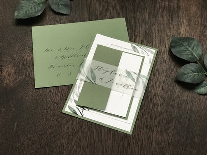 Greenery Wedding Invitation with Vellum belly band
