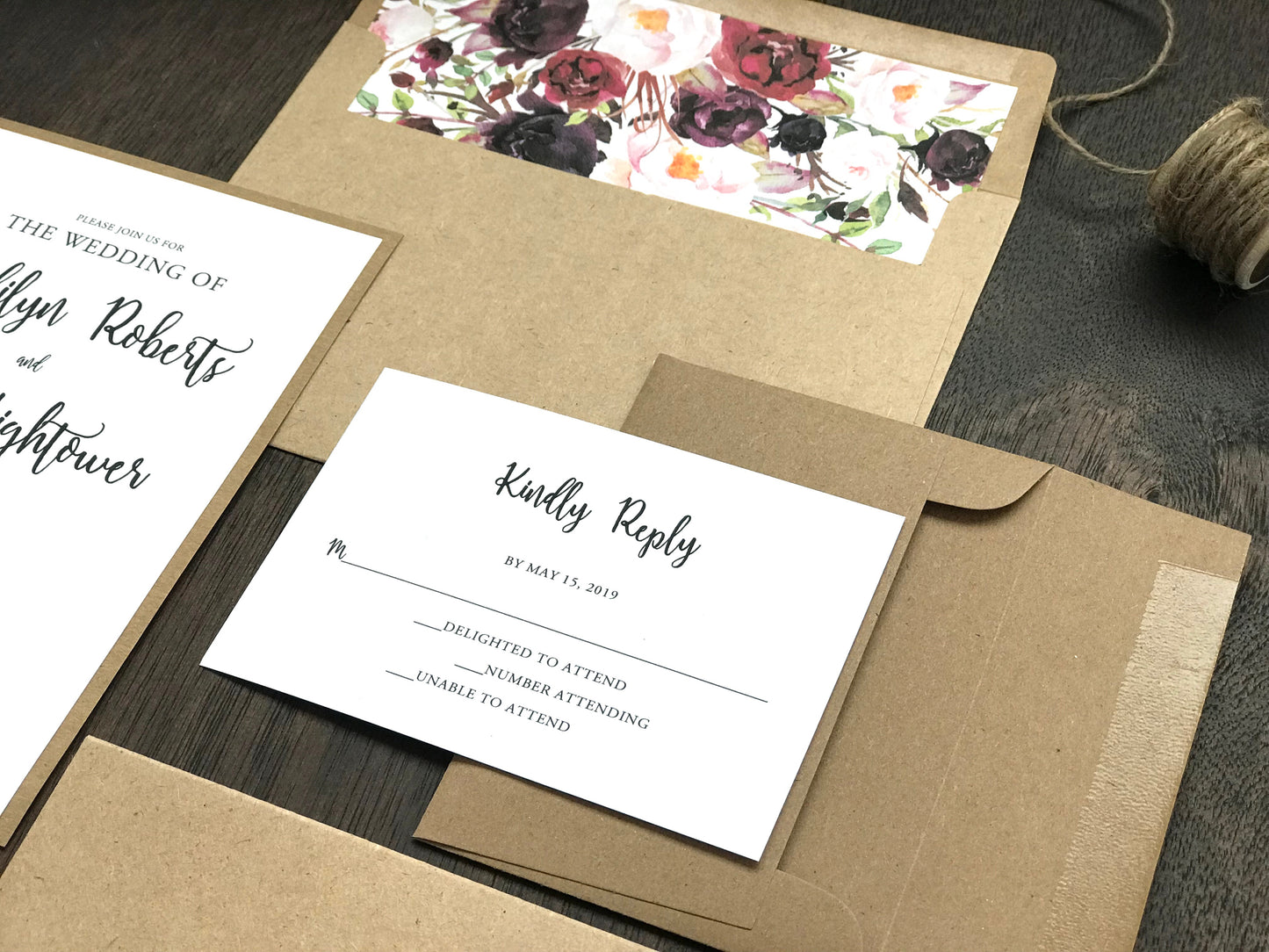 Marsala Burgundy Floral Wedding Invitation with vellum belly band and twine