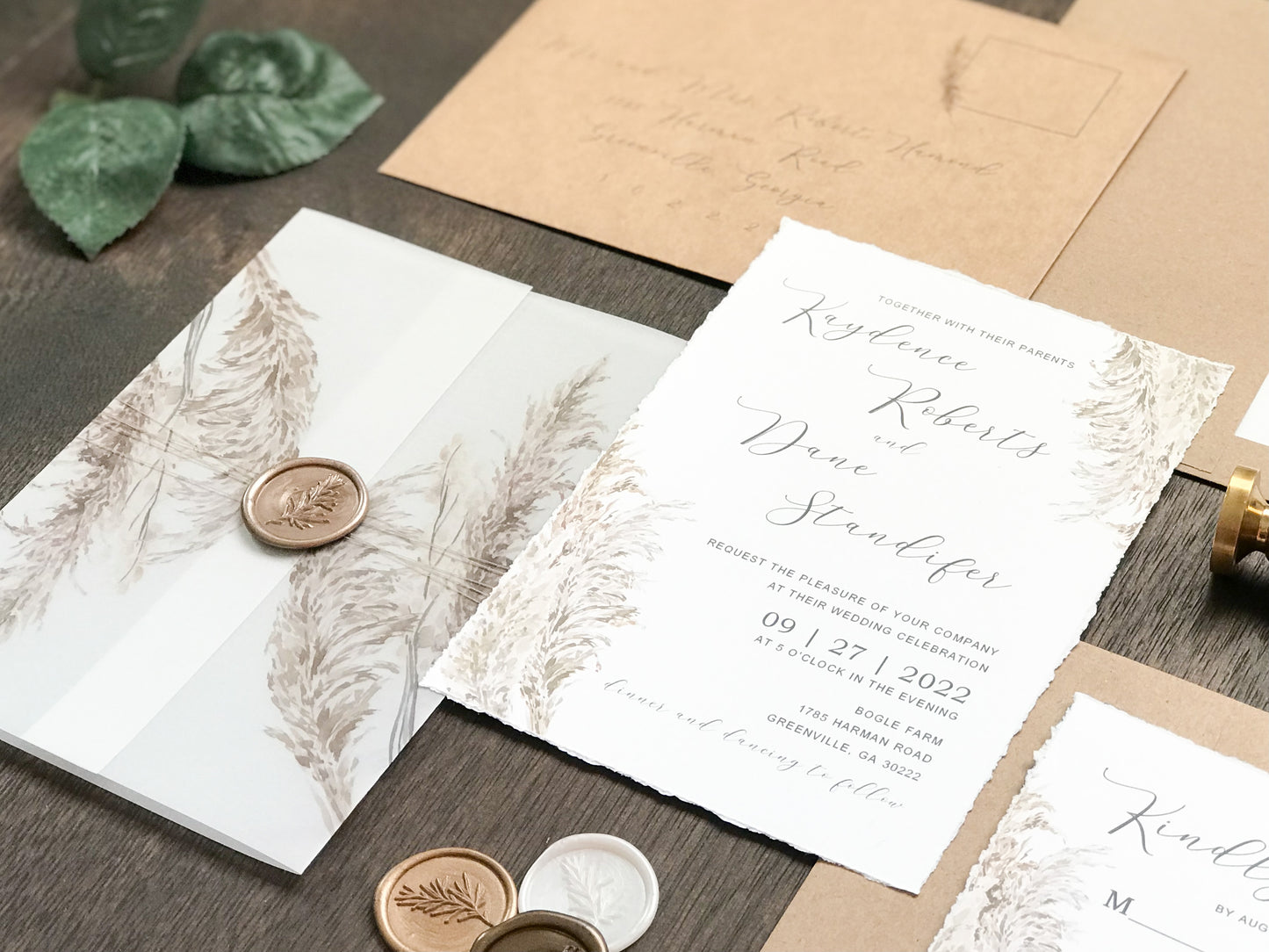 Deckled Edge Boho Vellum Wedding Invitation with Wax Seal and Pampas Grass