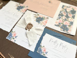 Blush Pink and Navy Blue Wedding Invitation with Deckled Edge, White Ribbon, Wax Seal and Greenery