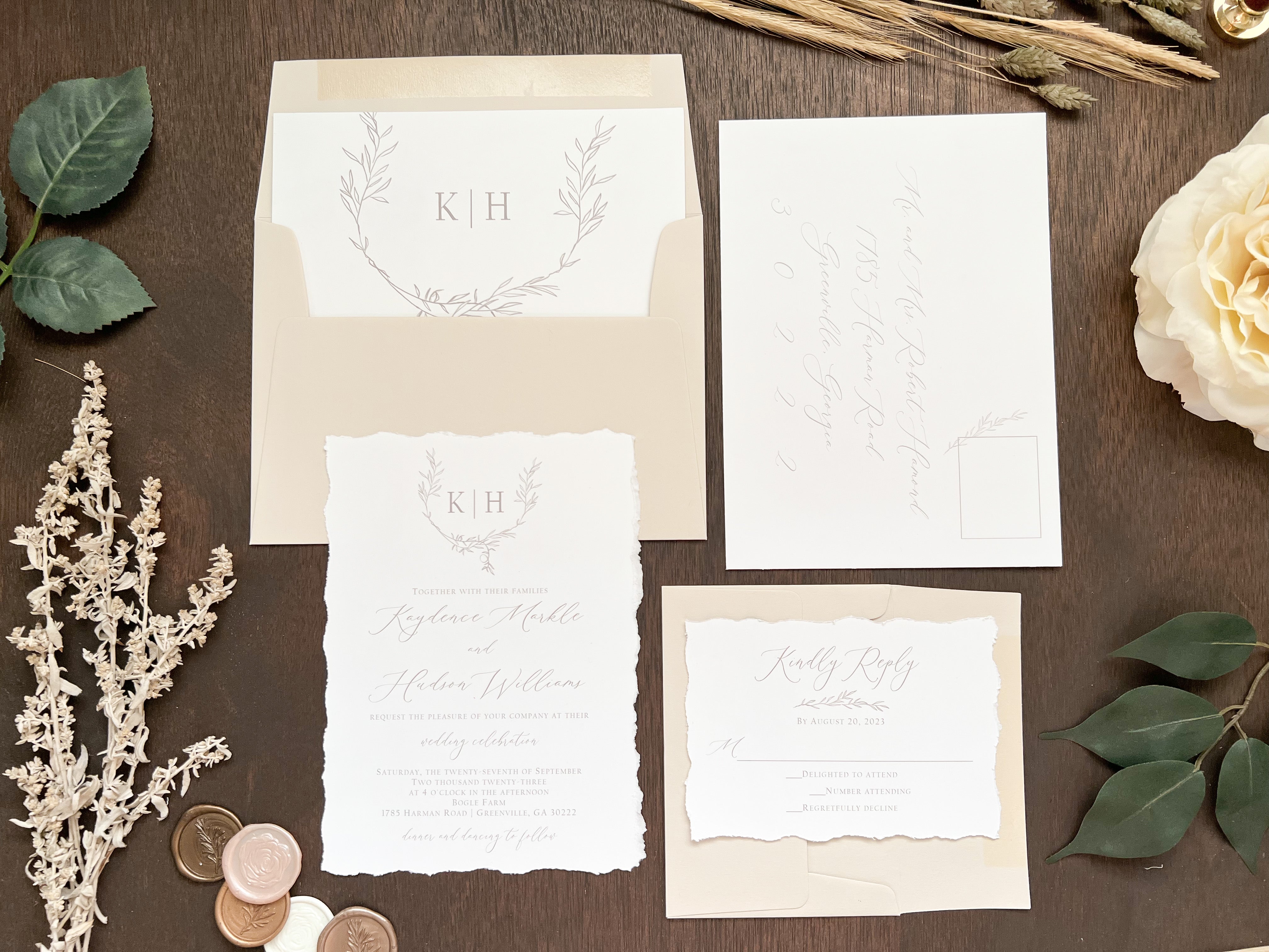 Deckled Edge Wedding Invitation with Laurel Wreath Line Art Greenery and Monogram