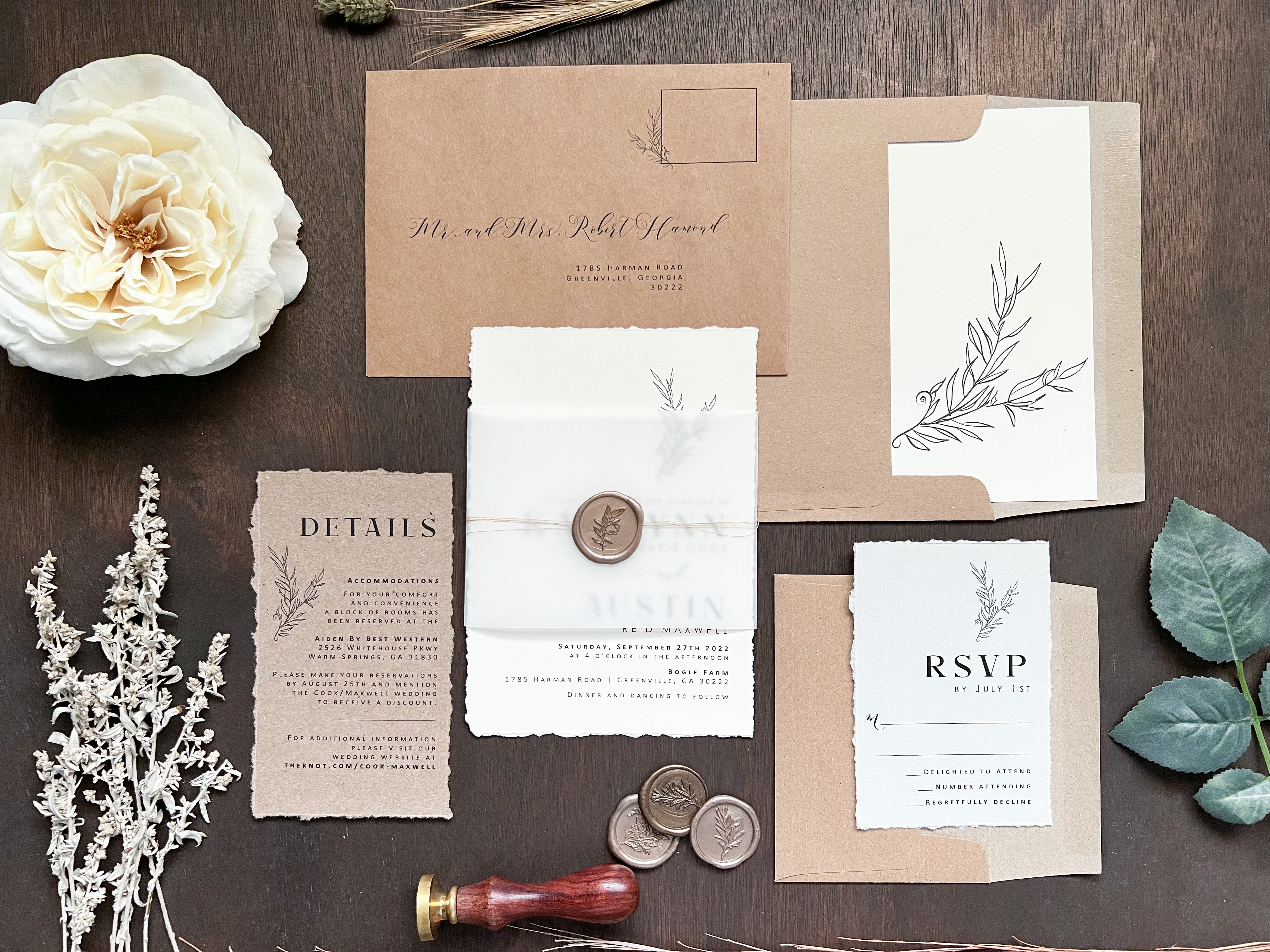 Contemporary Boho Wedding Invitation with Deckled Edging, Vellum Belly Band and Wax Seal