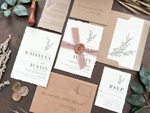 Rustic Elegant Boho Wedding Invitation with Deckled Edging, Dark Nude Chiffon Ribbon & Copper Botanical Wax Seal