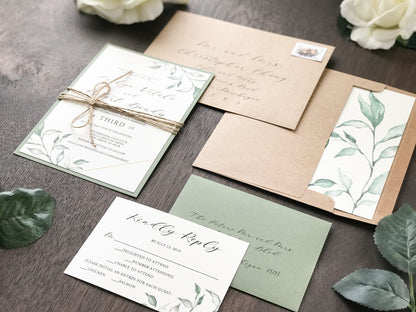 Geometric Greenery Wedding Invitation with twine