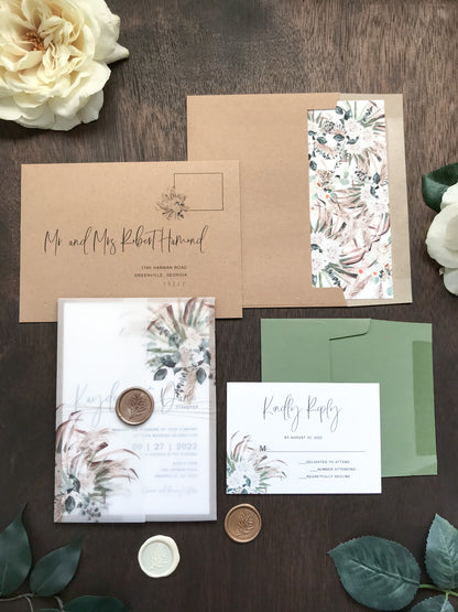 Boho Vellum Wedding Invitation with Wax Seal, White Flowers, Pampas Grass and Greenery