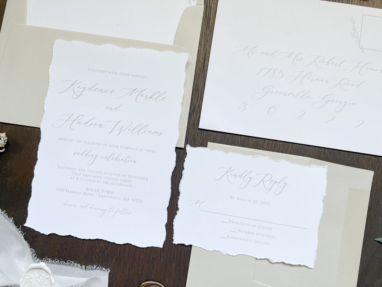 Classic Elegant Wedding Invitation with Deckled Edging, White Chiffon Ribbon & White Botanical Wax Seal