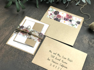 Marsala Burgundy Floral Wedding Invitation with vellum belly band and twine