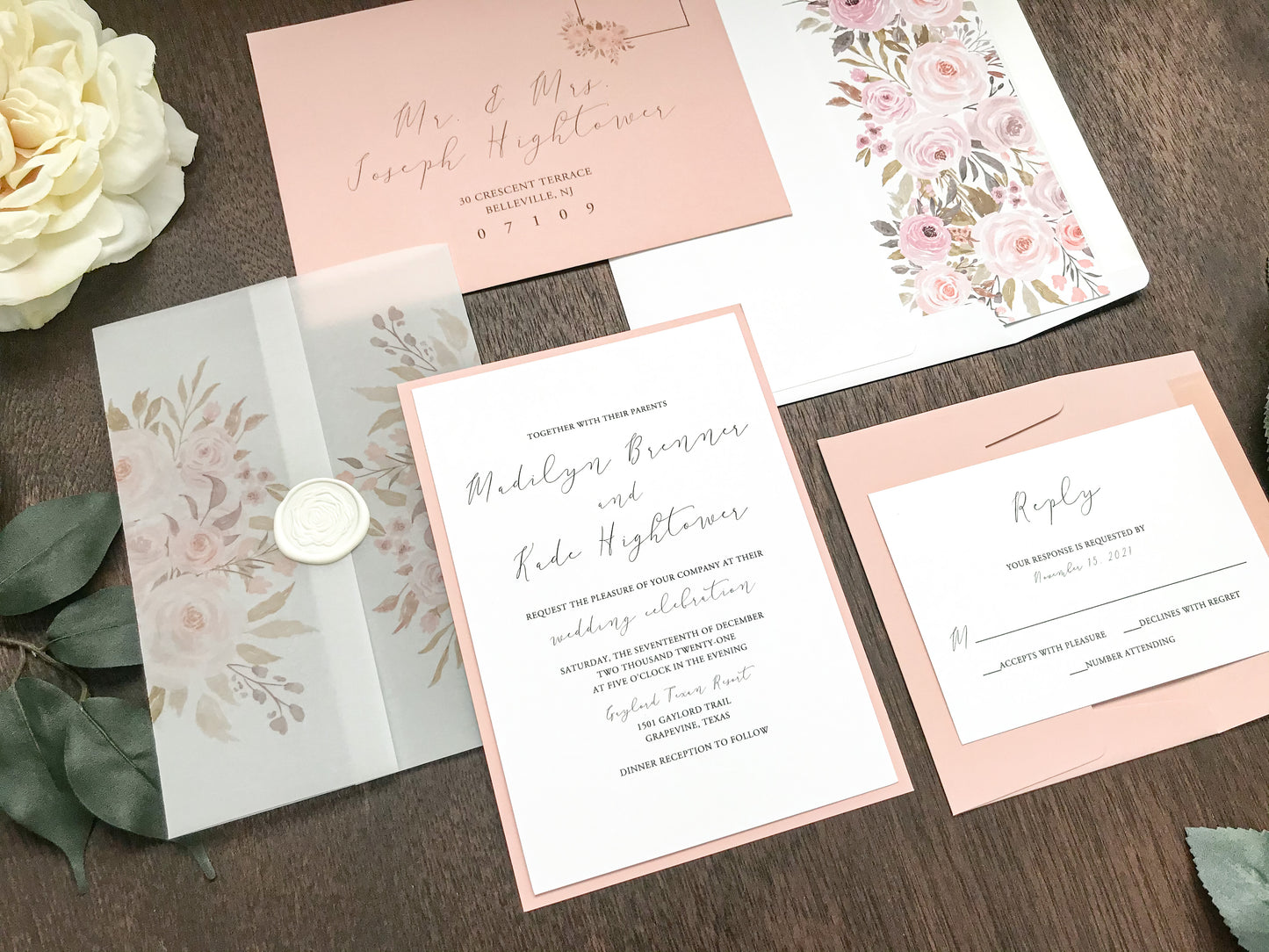 Blush Pink Floral Wedding Invitation with Vellum and Wax Seal