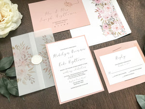 Blush Pink and Neutral Floral Wedding Invitation with Vellum and Wax Seal