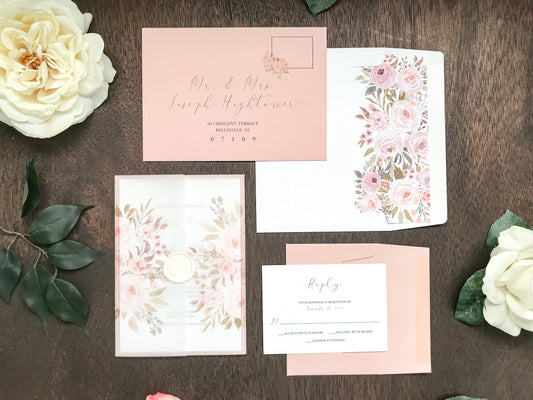 Blush Pink and Neutral Floral Wedding Invitation with Vellum and Wax Seal