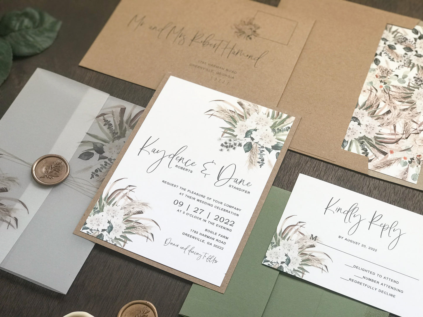 Boho Vellum Wedding Invitation with Wax Seal, White Flowers, Pampas Grass and Greenery