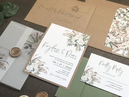 Boho Vellum Wedding Invitation with Wax Seal, White Flowers, Pampas Grass and Greenery