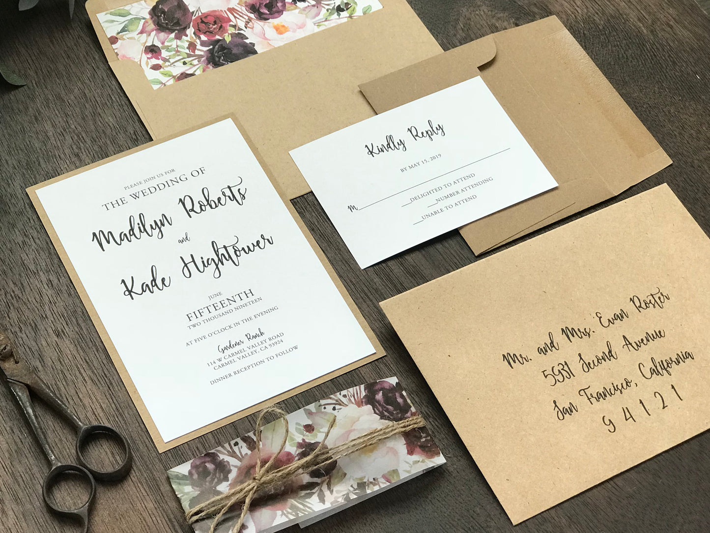 Marsala Burgundy Floral Wedding Invitation with vellum belly band and twine
