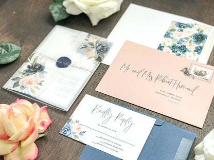 Blush Pink and Navy Blue Wedding Invitation with Vellum and Wax Seal