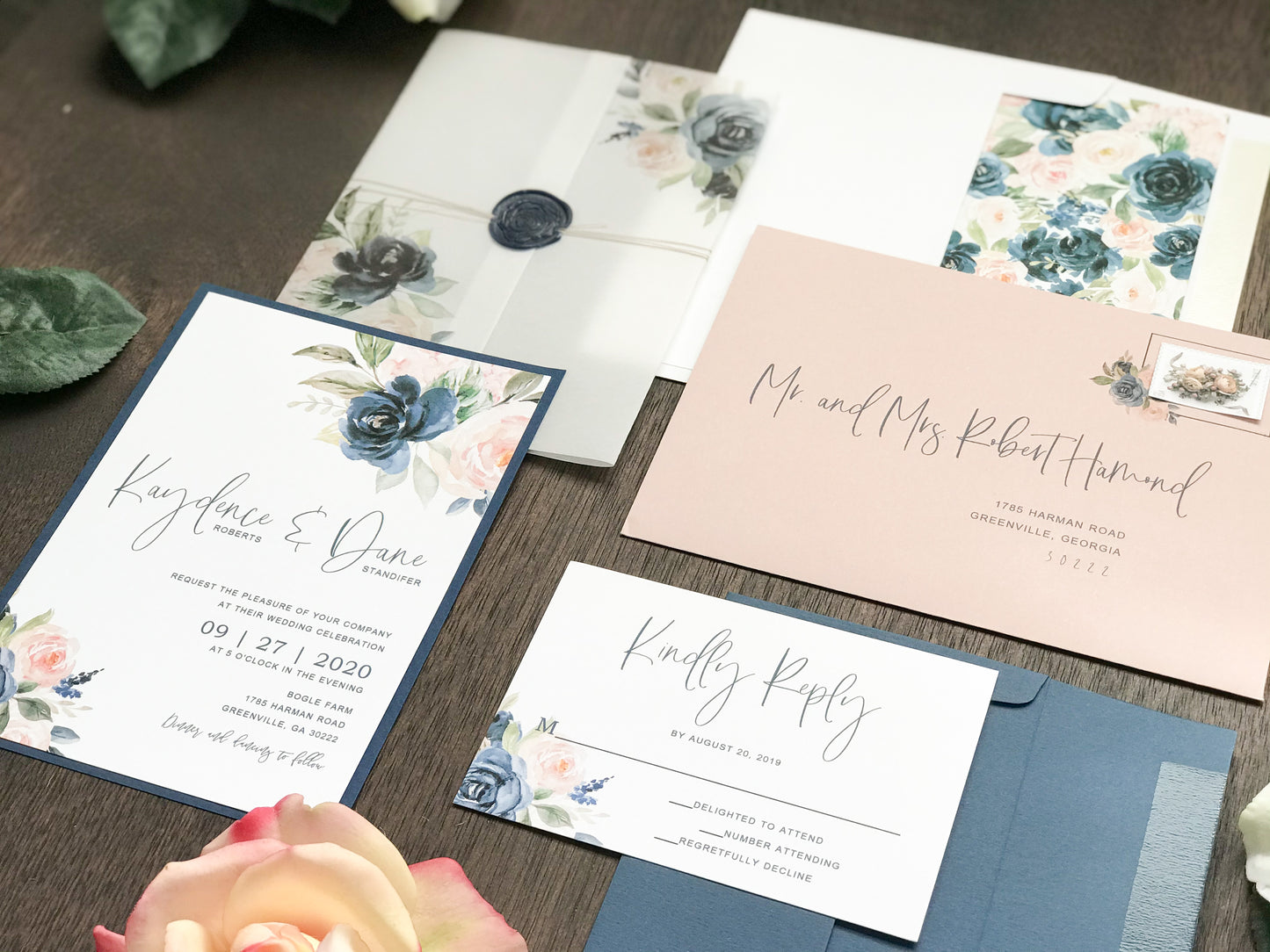 Blush Pink and Navy Blue Wedding Invitation with Vellum and Wax Seal