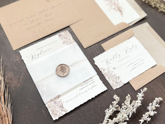 Pampas Grass Boho Wedding Invitation with Deckled Edging, Vellum Belly Band, Wax Seal and Thread