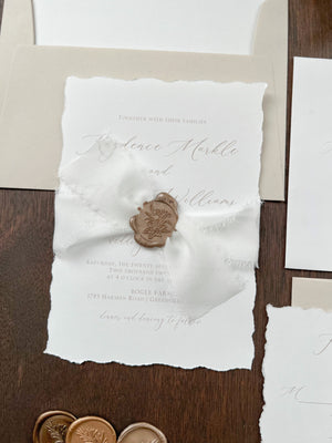 Classic Elegant Wedding Invitation with Deckled Edging, White Chiffon Ribbon & Wax Seal