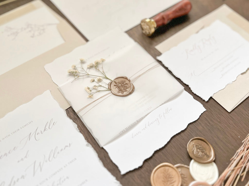 Elegant Wedding Invitation with Deckled Edging, Vellum Belly Band, Dried Baby’s Breath and Wax Seal