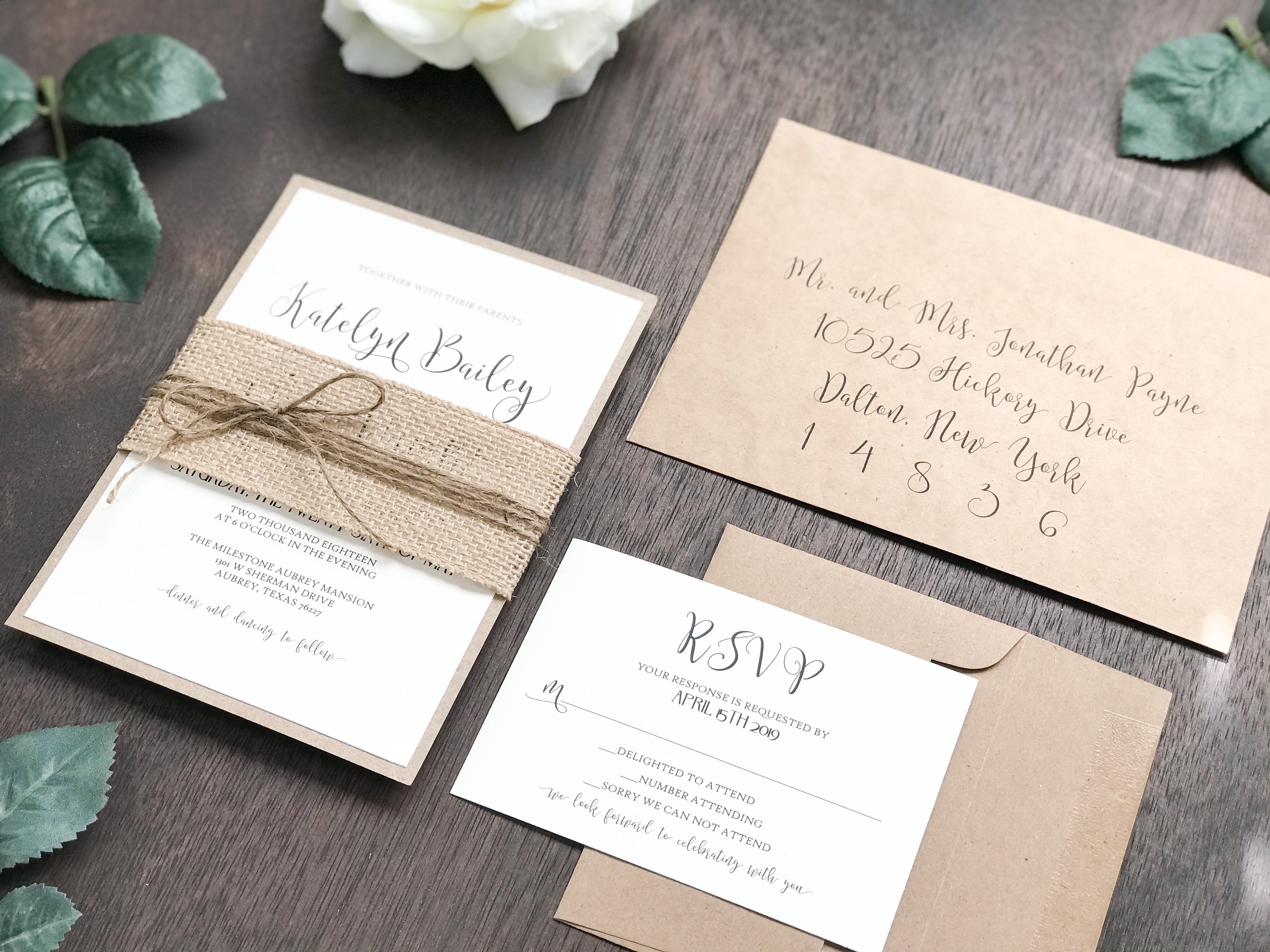Vellum Paper Wedding Invitations With Kraft Paper and Burlap-free RSVP  Cards 
