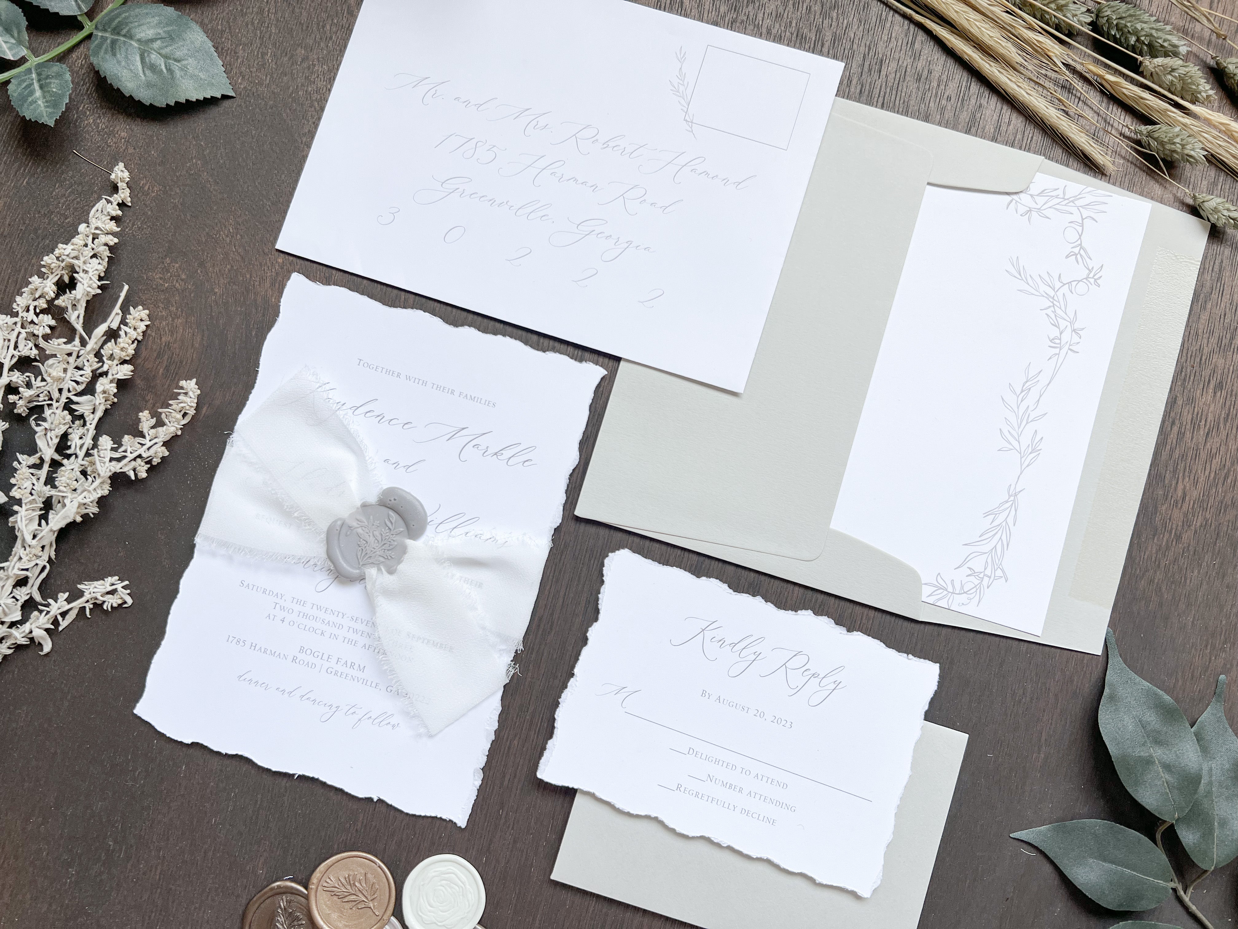 Modern Elegant Wedding Invitation with Deckled Edging, White Chiffon R –  Creative Custom Prints by Tabitha