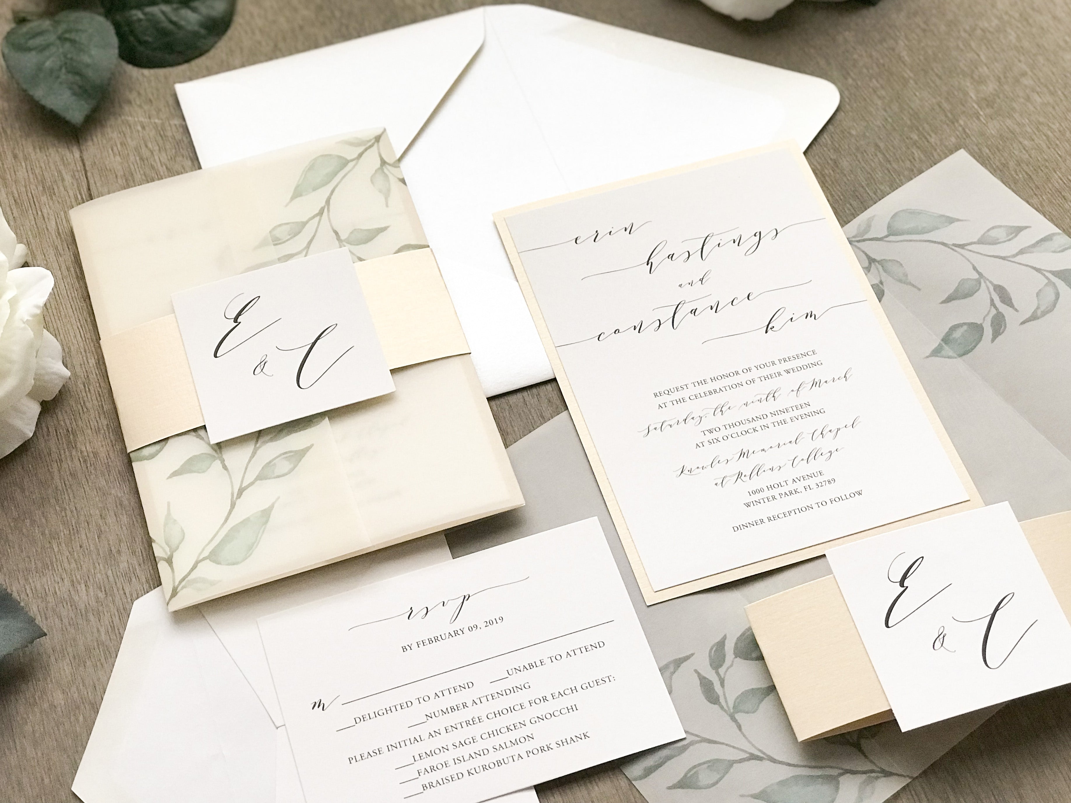 Greenery Botanical Monogram Vellum Paper Pocket Wedding Invitation