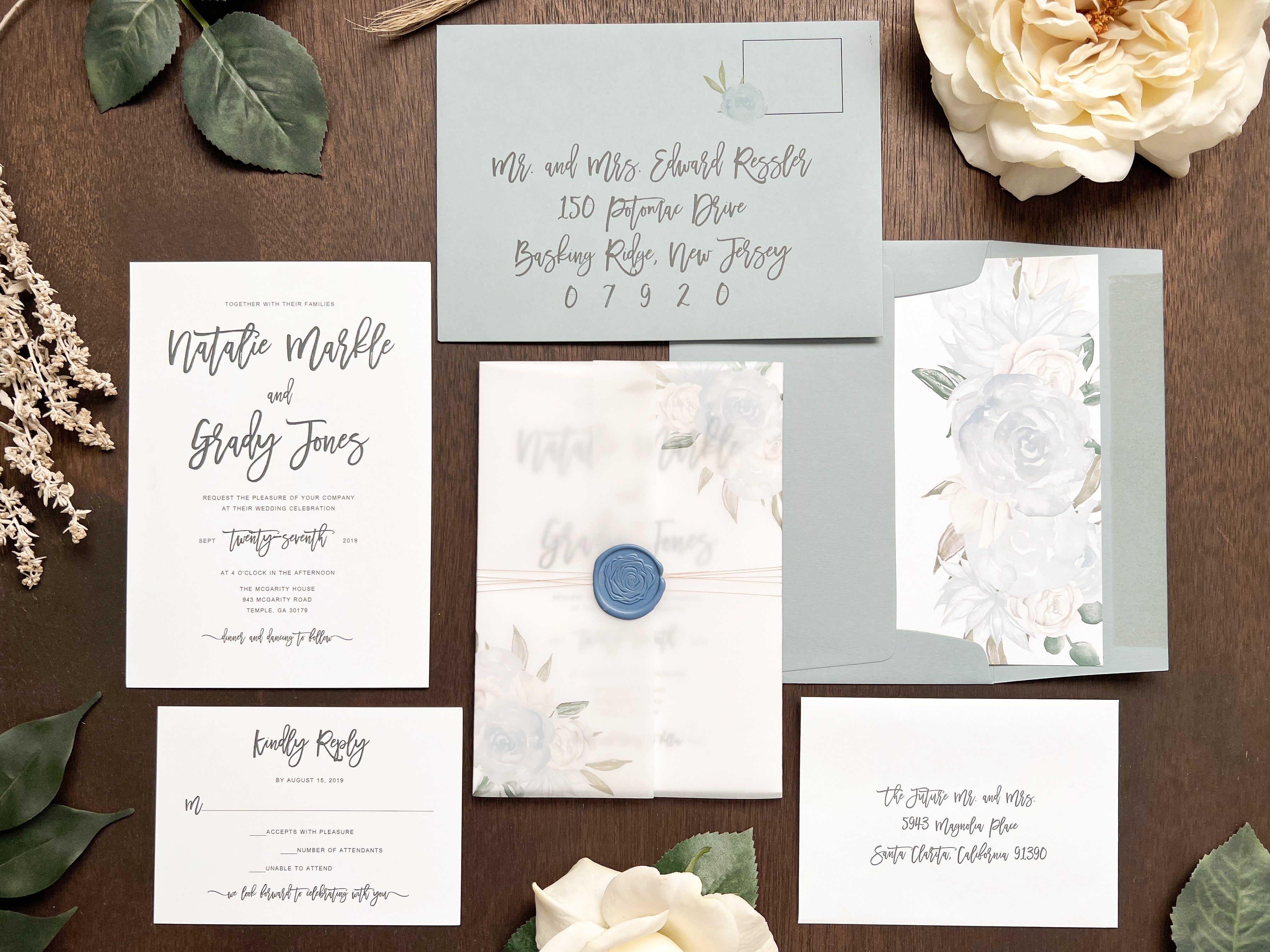 Dusty Blue Wedding Invitation with Vellum, Ribbon and Wax Seal – Creative  Custom Prints by Tabitha