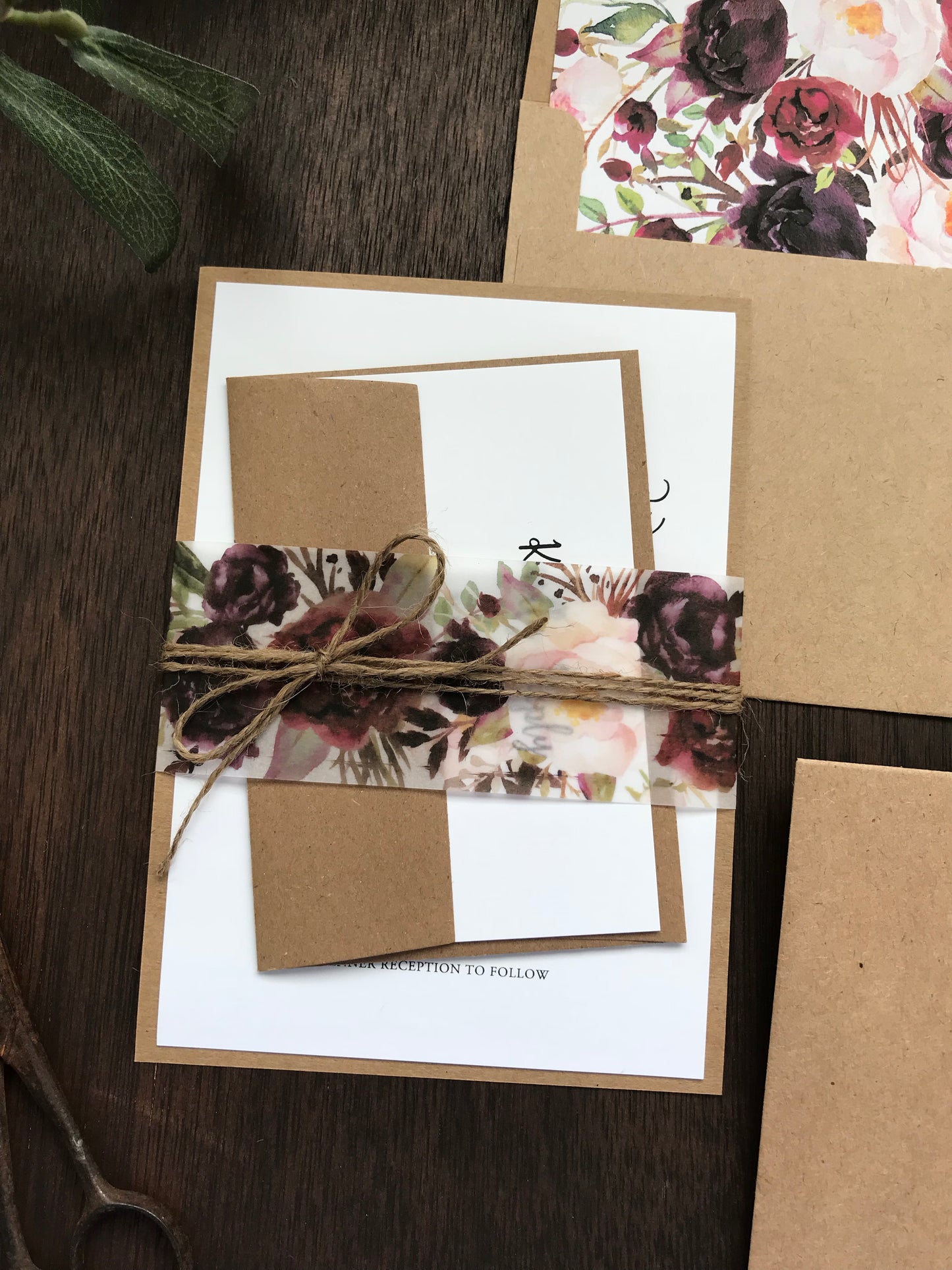 Marsala Burgundy Floral Wedding Invitation with vellum belly band and twine
