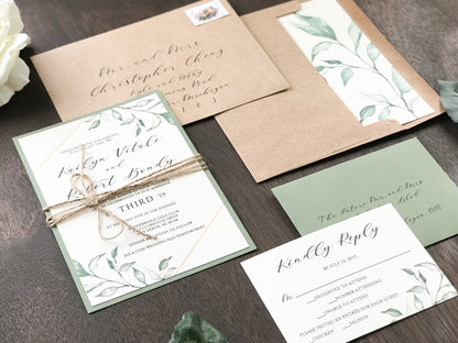 Geometric Greenery Wedding Invitation with twine