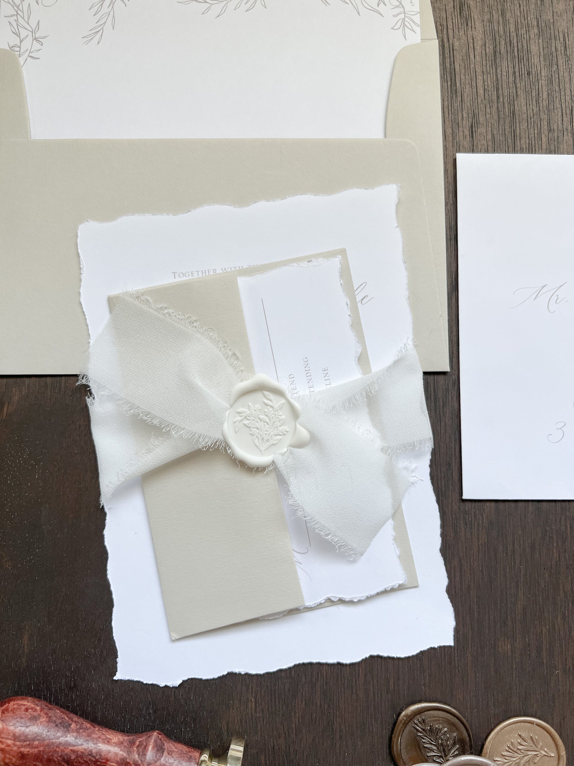 Classic Elegant Wedding Invitation with Deckled Edging, White Chiffon Ribbon & White Botanical Wax Seal
