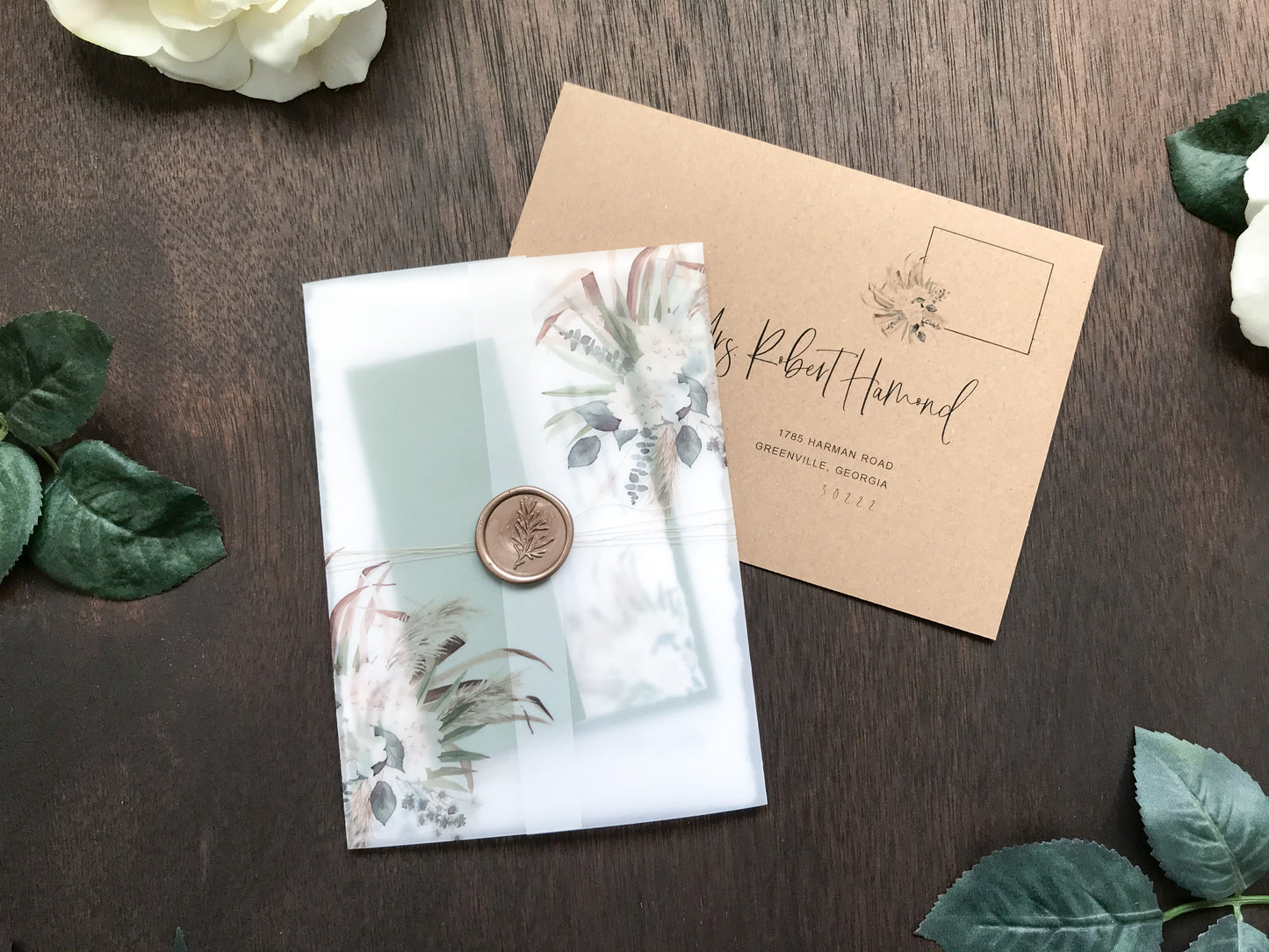 Boho Vellum Wedding Invitation with Wax Seal, Pampas Grass, Florals and Greenery