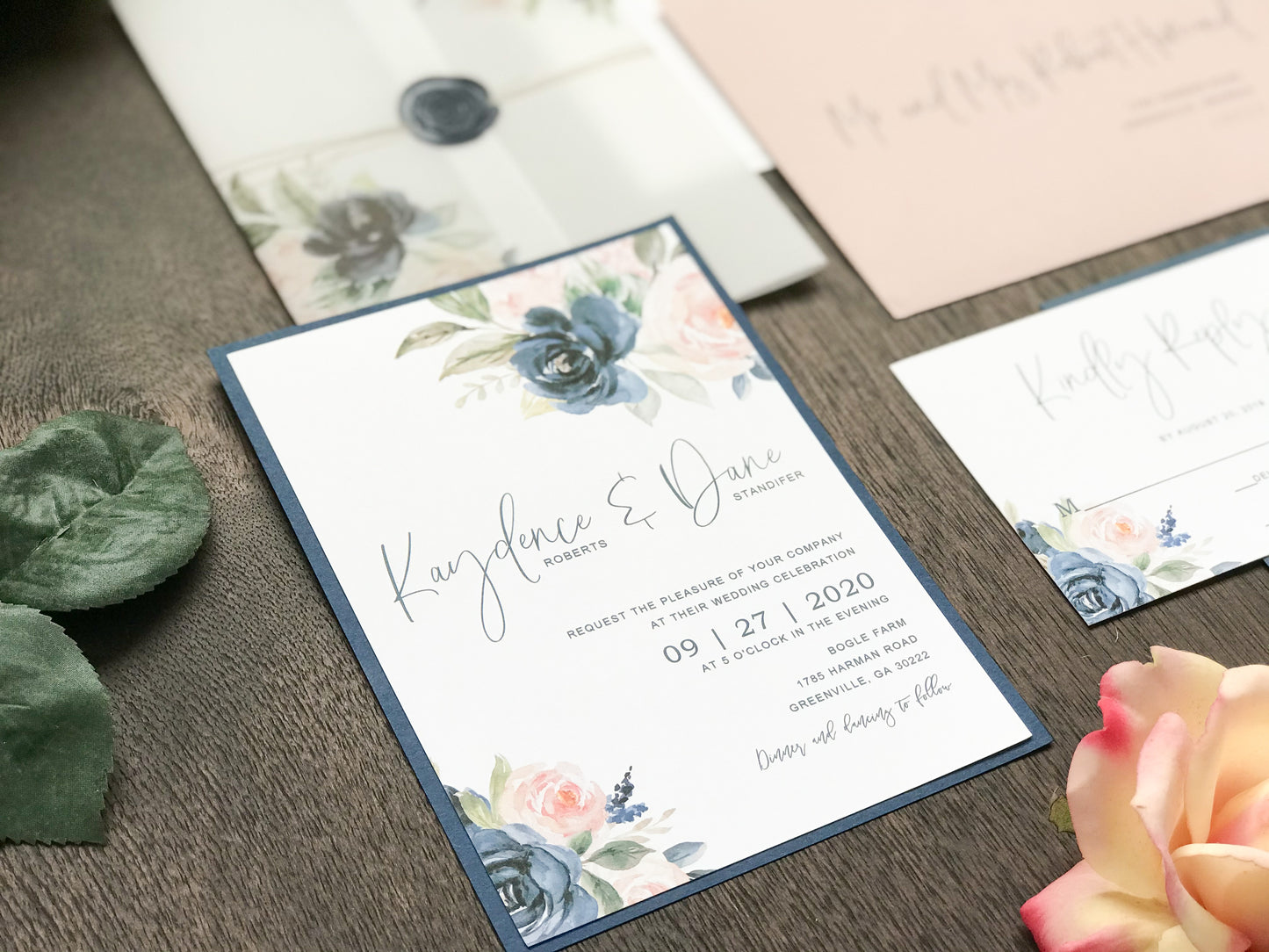 Blush Pink and Navy Blue Wedding Invitation with Vellum and Wax Seal