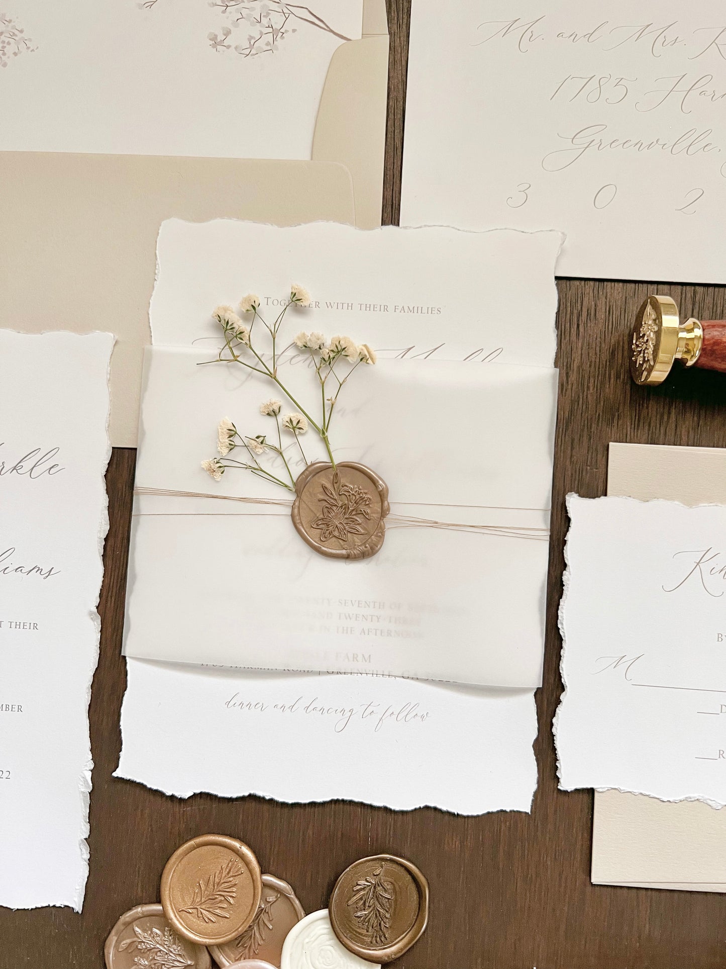 Elegant Wedding Invitation with Deckled Edging, Vellum Belly Band, Dried Baby’s Breath and Wax Seal
