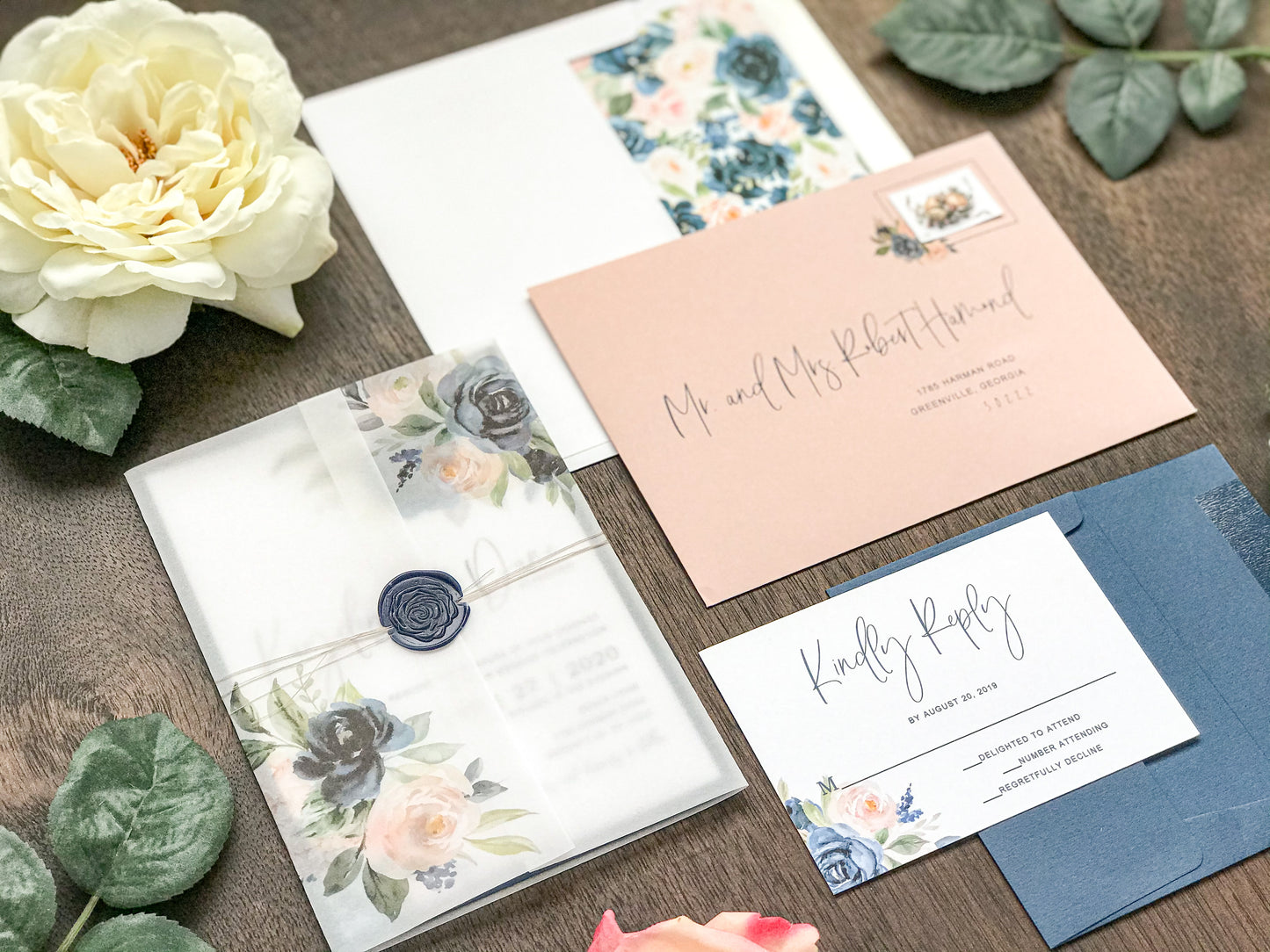 Blush Pink and Navy Blue Wedding Invitation with Vellum and Wax Seal