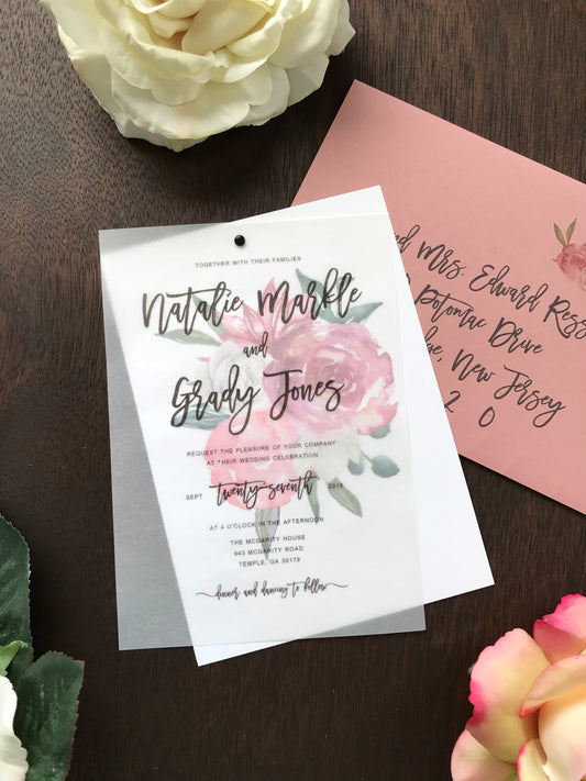 Dusty Rose Wedding Invitation with Vellum Cover