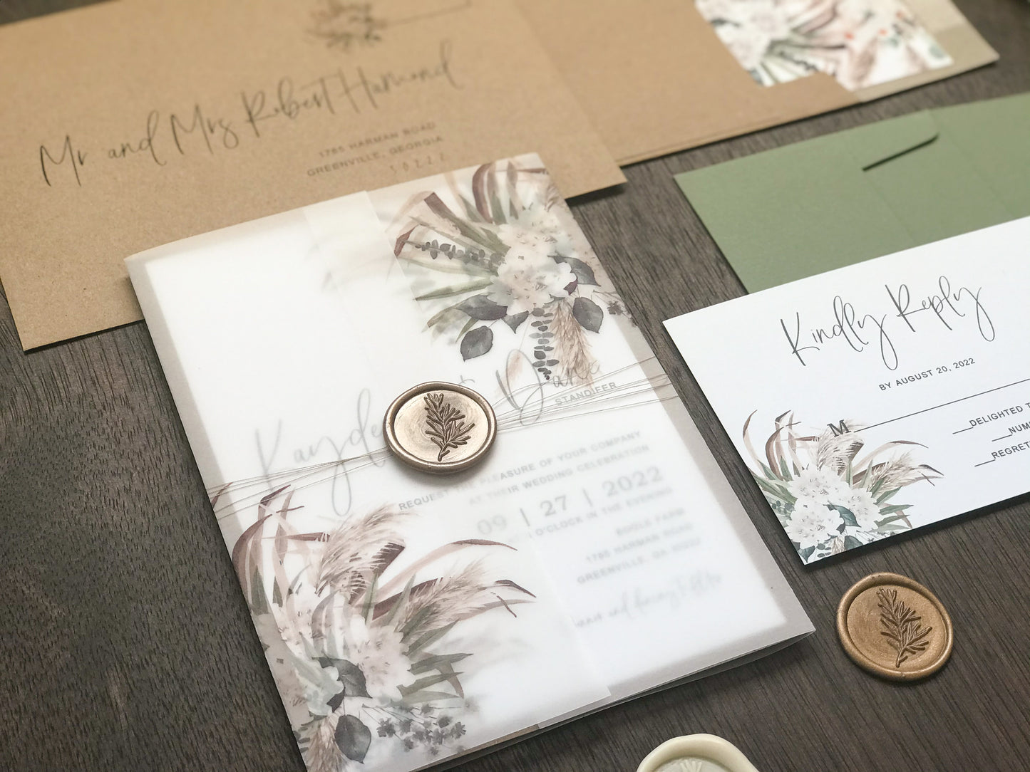Boho Vellum Wedding Invitation with Wax Seal, White Flowers, Pampas Grass and Greenery