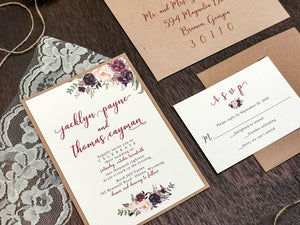 Burgundy Floral Wedding Invitation with ivory lace and twine
