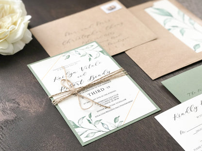 Geometric Greenery Wedding Invitation with twine