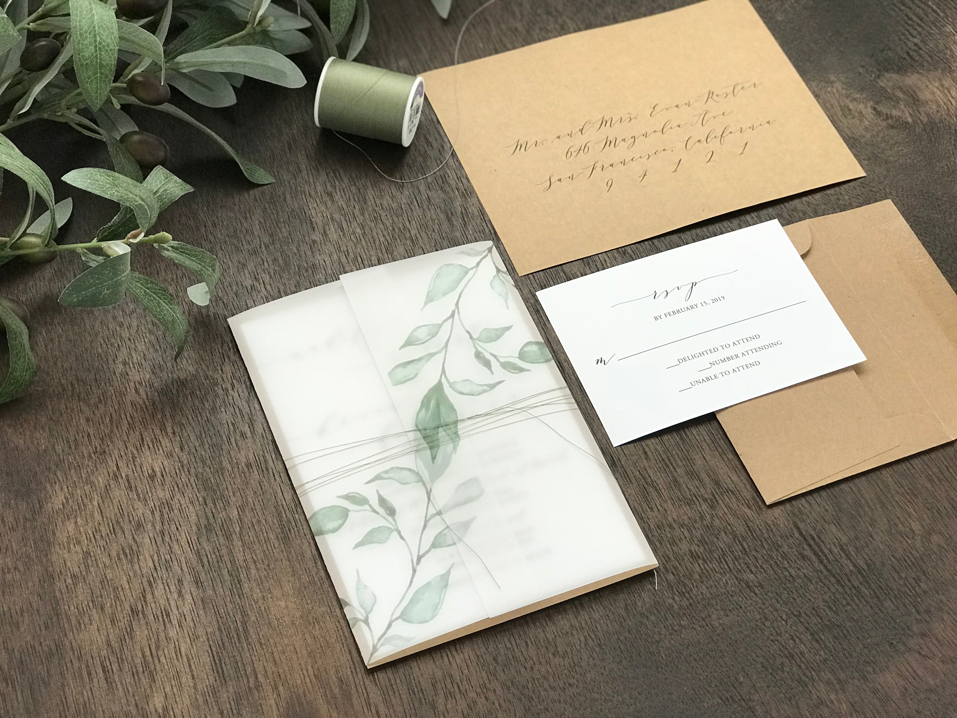 Vellum Wedding Invitation with Greenery and thread
