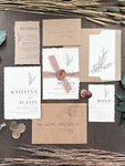 Rustic Elegant Boho Wedding Invitation with Deckled Edging, Dark Nude Chiffon Ribbon & Copper Botanical Wax Seal