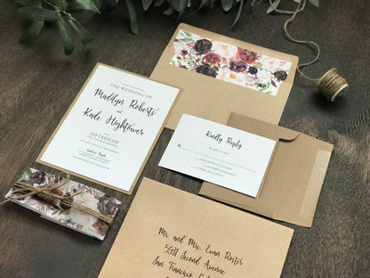 Marsala Burgundy Floral Wedding Invitation with vellum belly band and twine