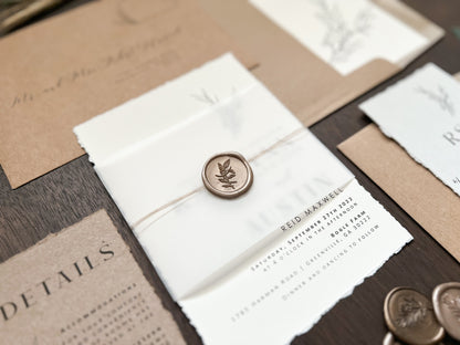 Contemporary Boho Wedding Invitation with Deckled Edging, Vellum Belly Band and Wax Seal