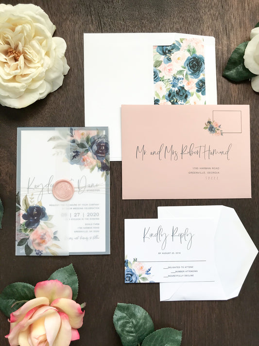Blush Pink and Navy Blue Wedding Invitation with Vellum and Wax Seal