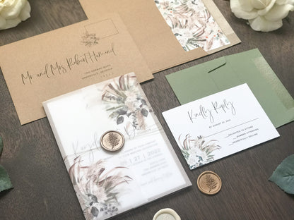 Boho Vellum Wedding Invitation with Wax Seal, White Flowers, Pampas Grass and Greenery