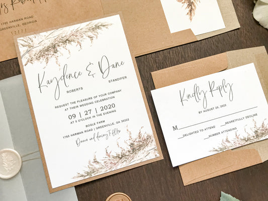 Pampas Grass Vellum Wedding Invitation with Wax Seal